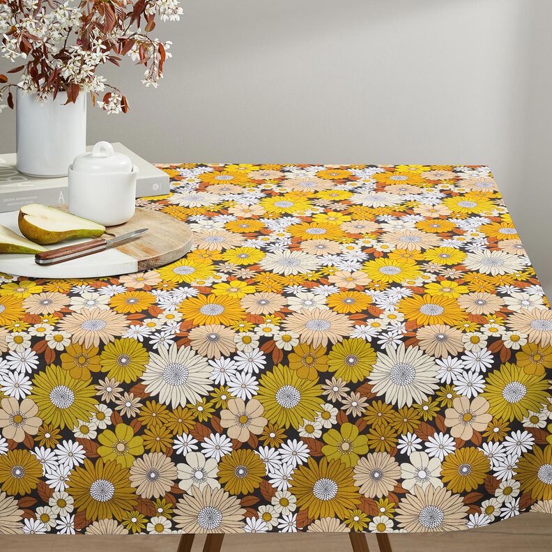Tissu en coton Cretonne Grandes fleurs rétro – noir/jaune soleil, image number 6