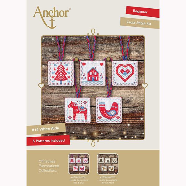 Kit broderie décorations de sapin nordiques à suspendre - rouge/bleu, image number 1