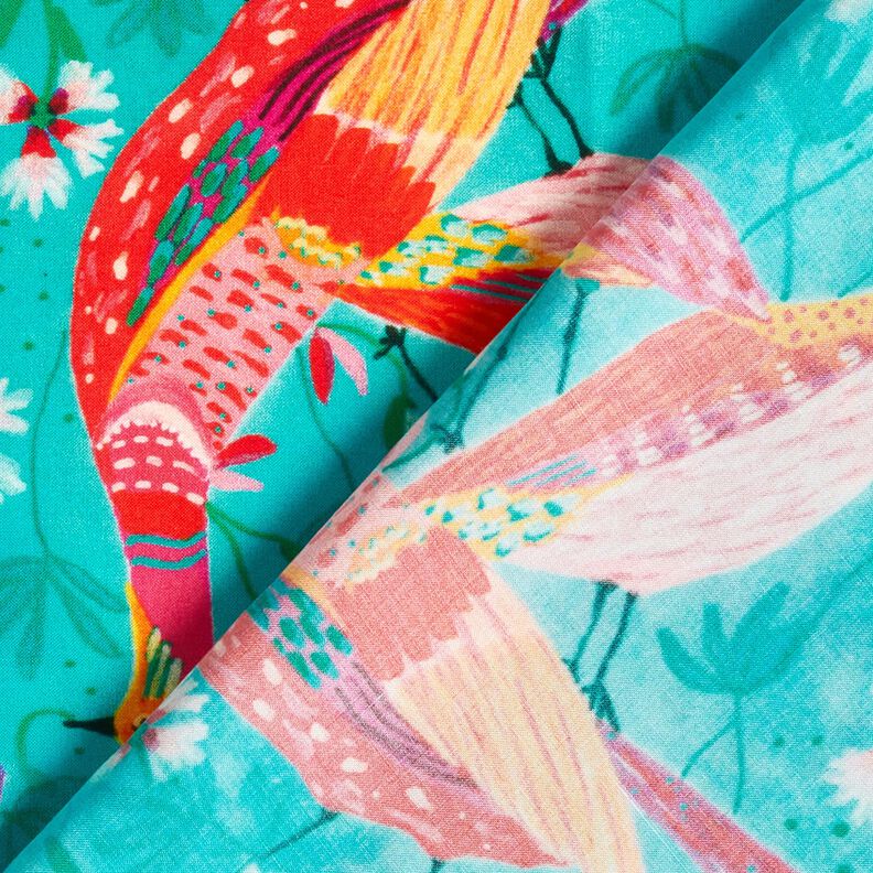Beachwear tissu viscose paons et fleurs – bleu aqua/rose intense,  image number 4