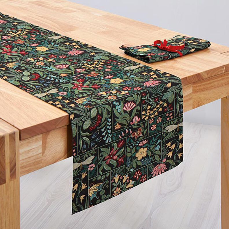 Tissu de décoration Gobelin Carreaux à fleurs – noir, image number 7