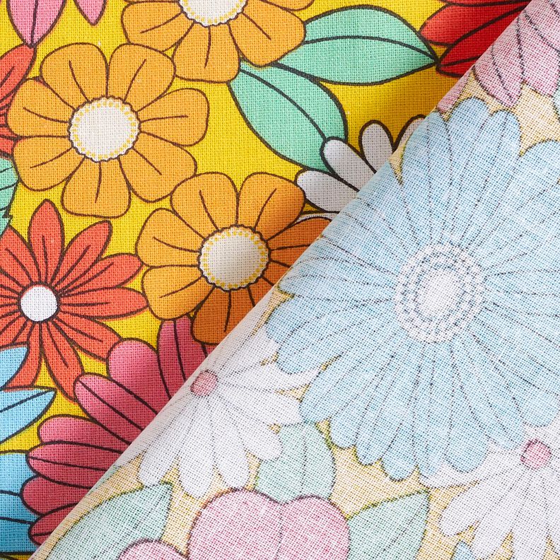 Tissu en coton Cretonne Grandes fleurs rétro – turquoise/jaune soleil,  image number 4