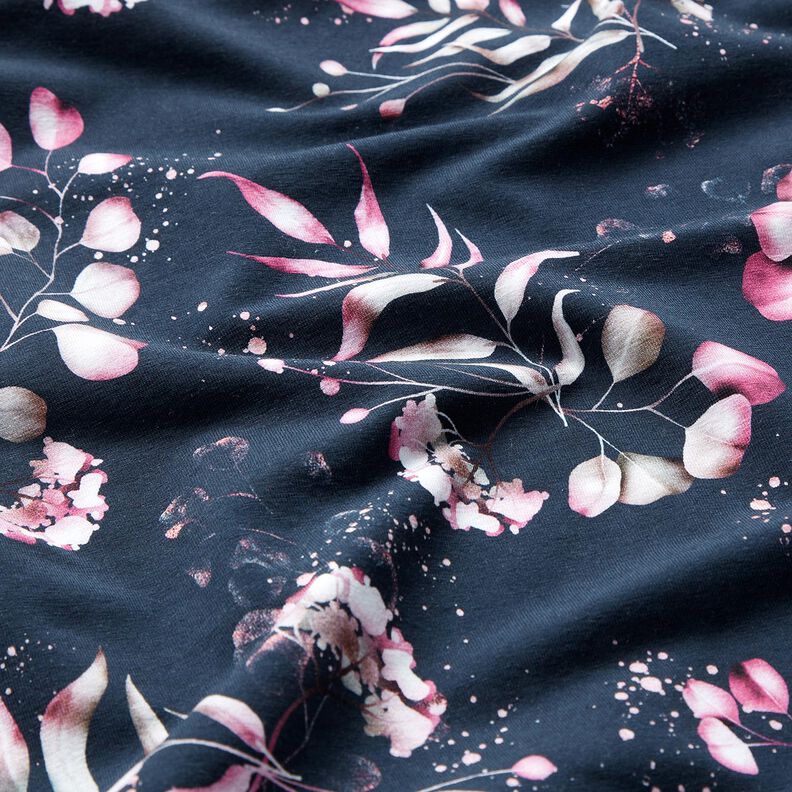 Jersey coton Eucalyptus et hortensias | Glitzerpüppi – bleu nuit/rose,  image number 6