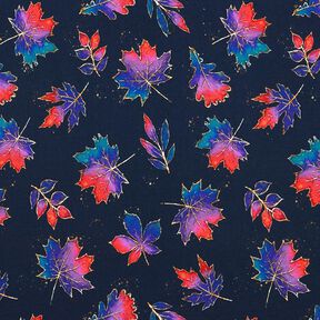 French Terry feuilles d'automne colorées | Glitzerpüppi – bleu nuit/rouge feu, 