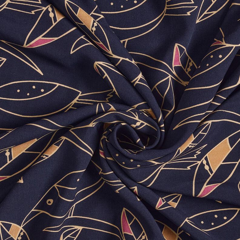 Tissu viscose Oiseaux Art Déco – bleu nuit/sable, image number 3