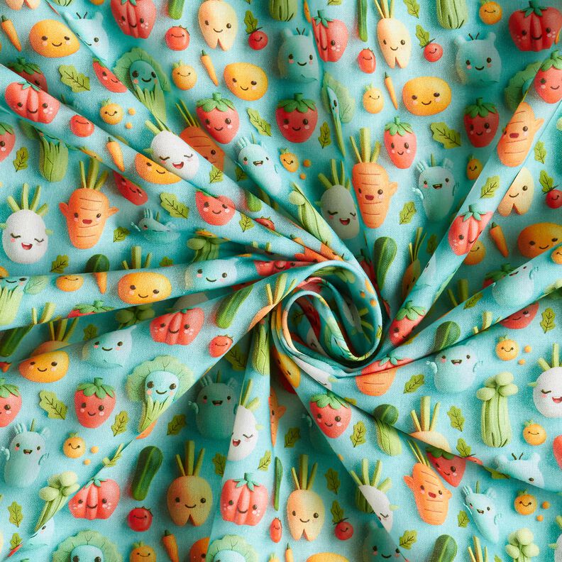 Popeline coton Légumes en pâte à modeler joyeux Impression numérique – bleu aqua,  image number 3