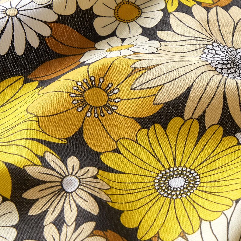 Tissu en coton Cretonne Grandes fleurs rétro – noir/jaune soleil, image number 2