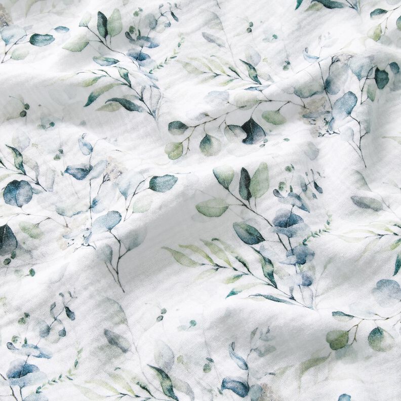 Tissu double gaze de coton Rameaux de feuilles aquarelle Impression numérique – blanc,  image number 2