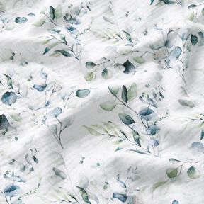 Tissu double gaze de coton Rameaux de feuilles aquarelle Impression numérique – blanc, 