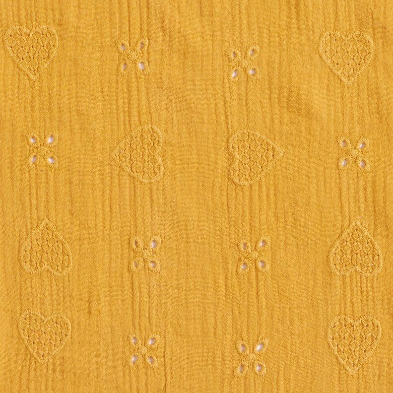 Tissu double gaze de coton Dentelle brodée Cœurs – jaune curry,  image number 1