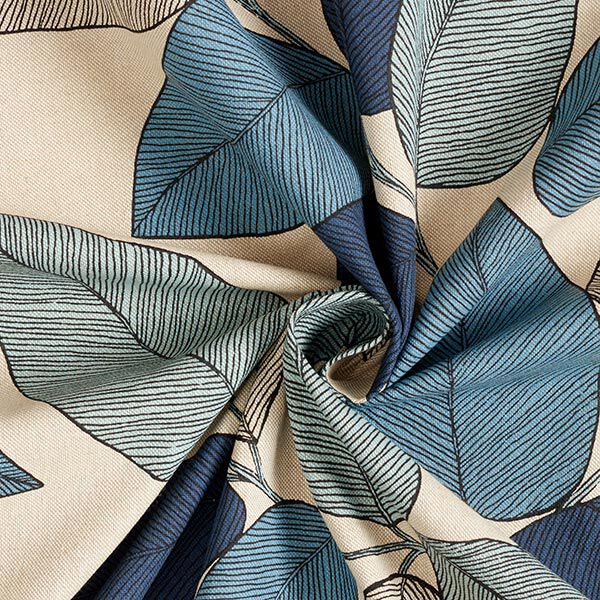 Tissu de décoration Semi-panama grandes feuilles – bleu/nature,  image number 3