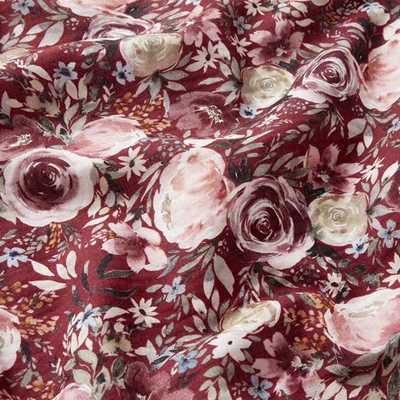 Tissu double gaze de coton Roses aquarelle Impression numérique – rouge bordeaux,  image number 3