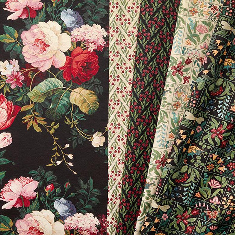 Tissu de décoration Gobelin Carreaux à fleurs – noir, image number 5