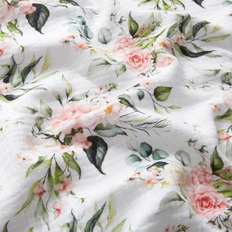 Tissu double gaze de coton Rameaux de roses aquarelle Impression numérique – blanc,  image number 2