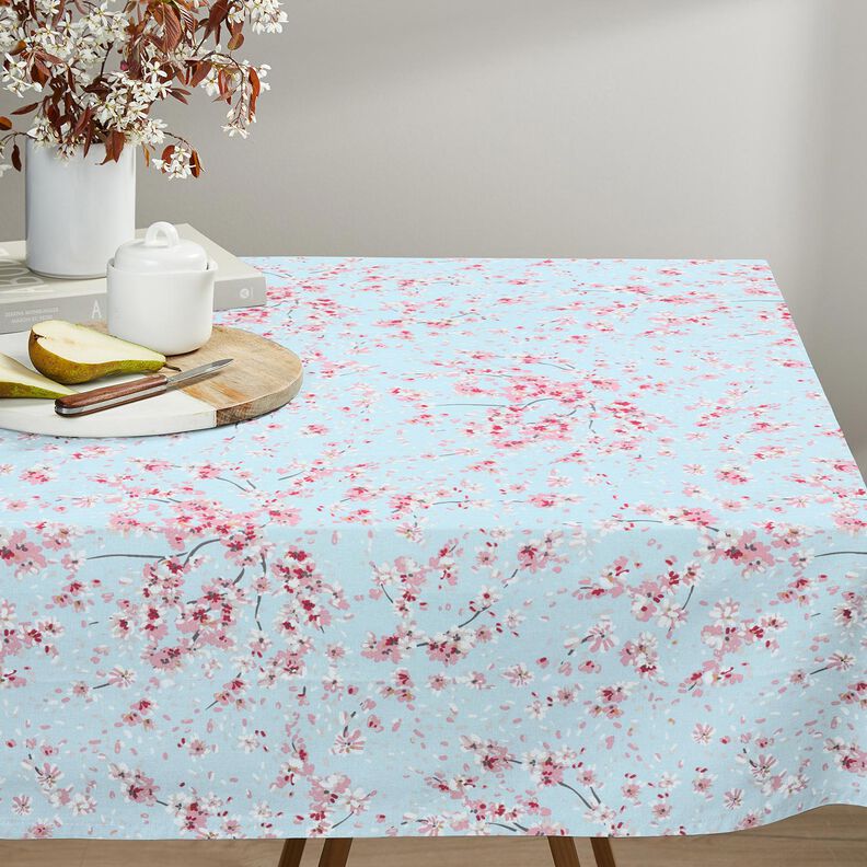 Tissu de décoration Semi-panama Rameaux de fleurs de cerisier – bleu clair/rose,  image number 7