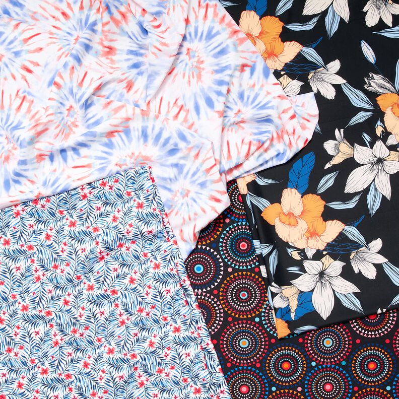 Tissus pour maillot de bain Grandes fleurs d'hibiscus – bleu noir/abricot,  image number 5