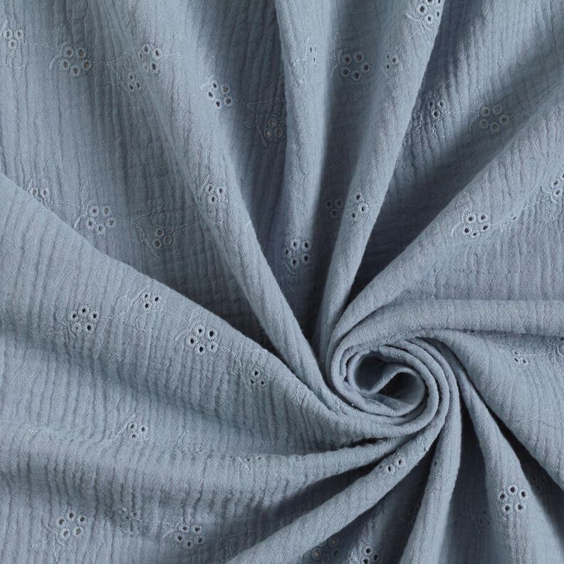 Tissu double gaze de coton Dentelle brodée Vrilles de fleurs – gris bleu,  image number 3