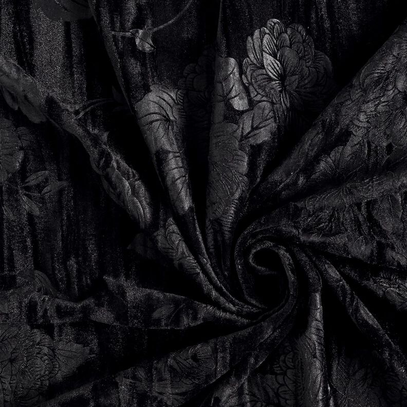Velours crash à motif chrysanthème – noir,  image number 3