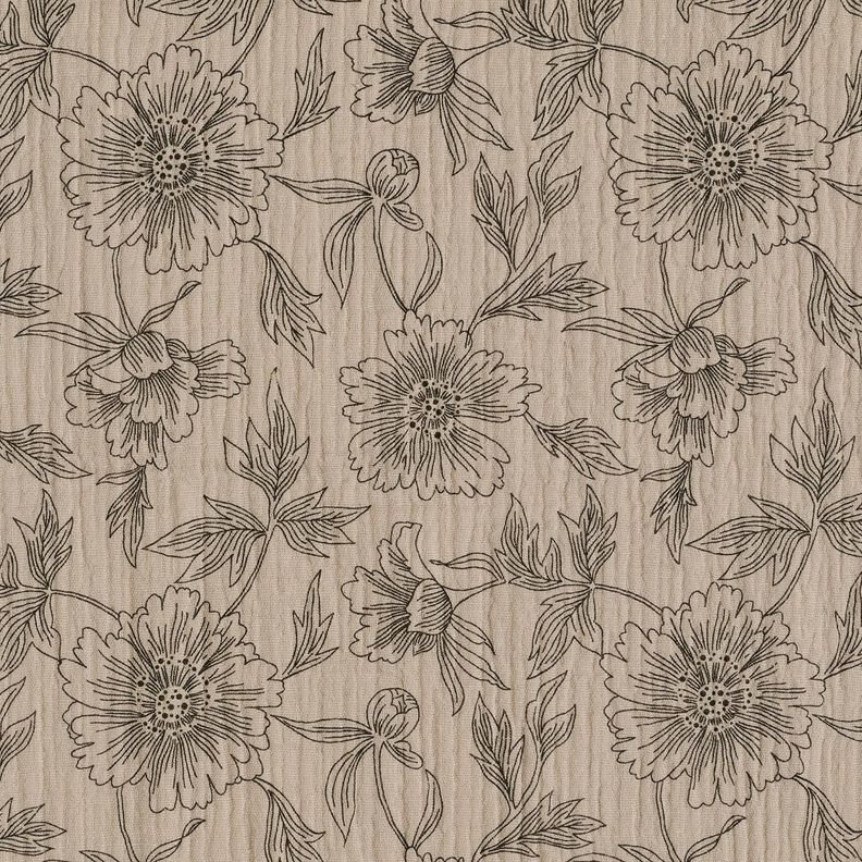 Tissu double gaze de coton Grandes fleurs – taupe clair/noir,  image number 1