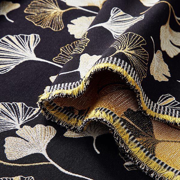 Tissu de décoration Jacquard feuilles de gingko – noir/or,  image number 3