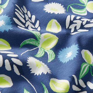 Jersey coton feuilles et fleurs – bleu jean, 