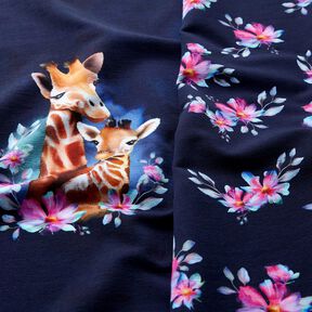 French Terry Sweat d’été Famille de girafe Panel | Glitzerpüppi – bleu nuit, 