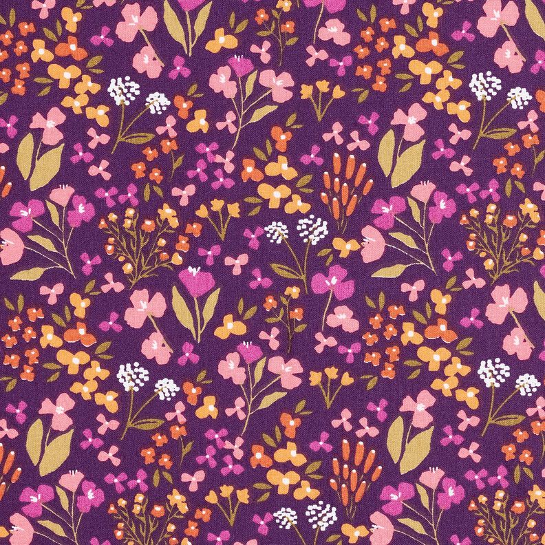 Tissu en coton Cretonne fleurs des champs – aubergine/rose, image number 1