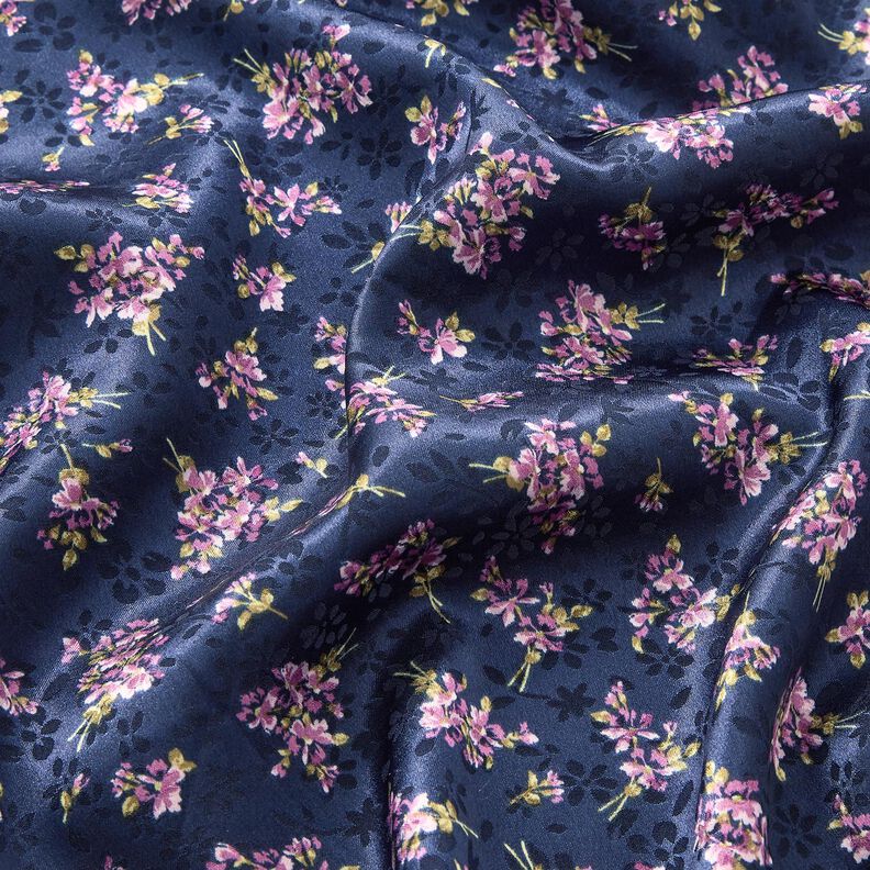 Satin stretch Jacquard Bouquets de fleurs – bleu marine,  image number 2