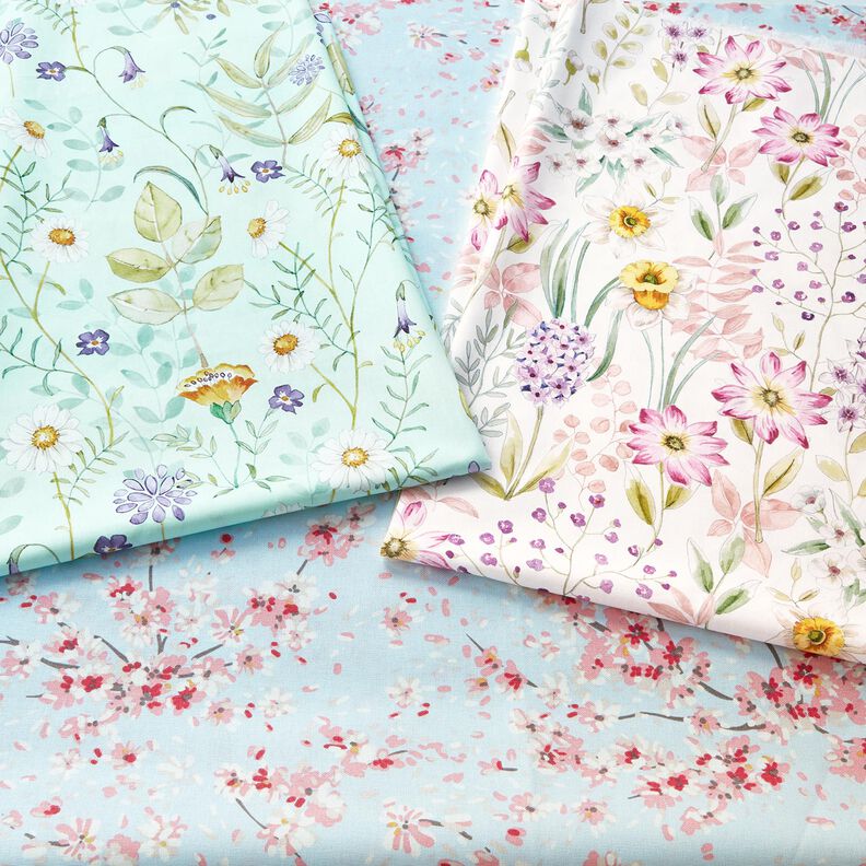 Tissu de décoration Semi-panama Rameaux de fleurs de cerisier – bleu clair/rose,  image number 5
