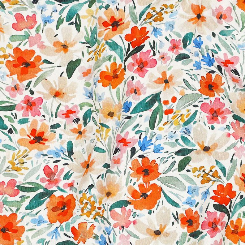 Tissu viscose Impression numérique prairie fleurie – blanc/orange,  image number 2