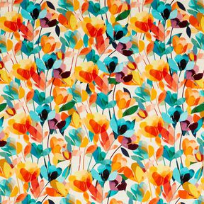 Mélange viscose lin fleurs stylisées – écru/orange, 