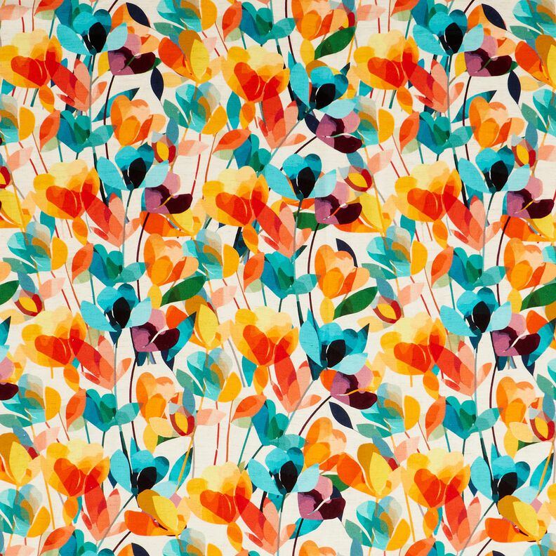 Mélange viscose lin fleurs stylisées – écru/orange,  image number 1