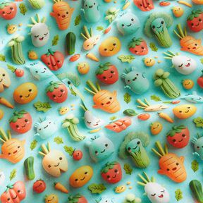 Popeline coton Légumes en pâte à modeler joyeux Impression numérique – bleu aqua, 