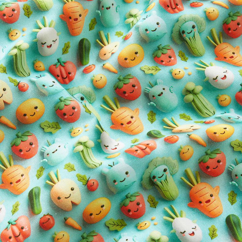Popeline coton Légumes en pâte à modeler joyeux Impression numérique – bleu aqua,  image number 2