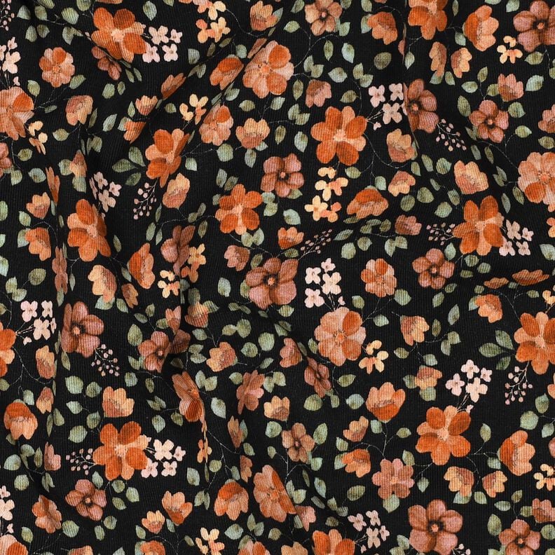 GOTS Jersey coton Fleurs d'automne Impression numérique – noir/orange pêche,  image number 2