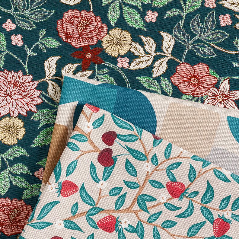 Tissu de décoration Jacquard Fleurs vintage – pétrole/rouge foncé,  image number 5
