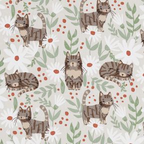 Tissu en coton Cretonne Chats dans la prairie fleurie – argent, 